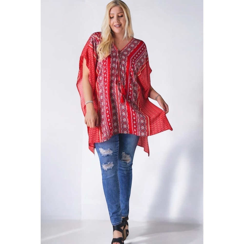 DAVI & DANI Red Boho Print V Neck Short Sleeve Tunic Top - Picture 3 of 6